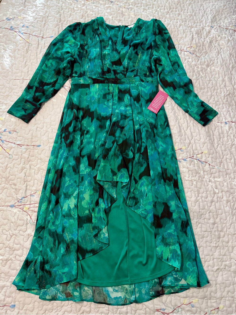 Calvin Klein Green Patterned with hints of gold thread, High-Low Wrap Maxi Dress - Picture 2 of 3